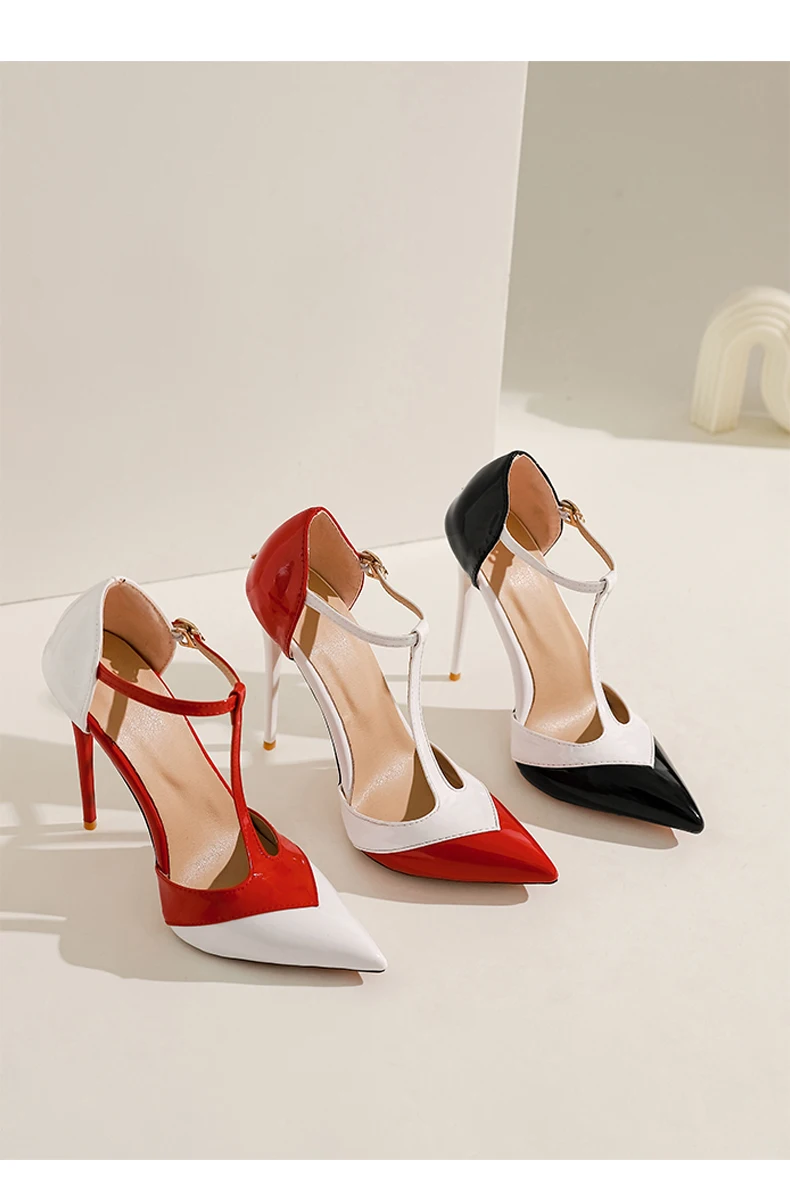 Versatile, fashionable, super high heels, oversized women's single shoes, color blocked, T-shaped strap, pointed, minimalist sty