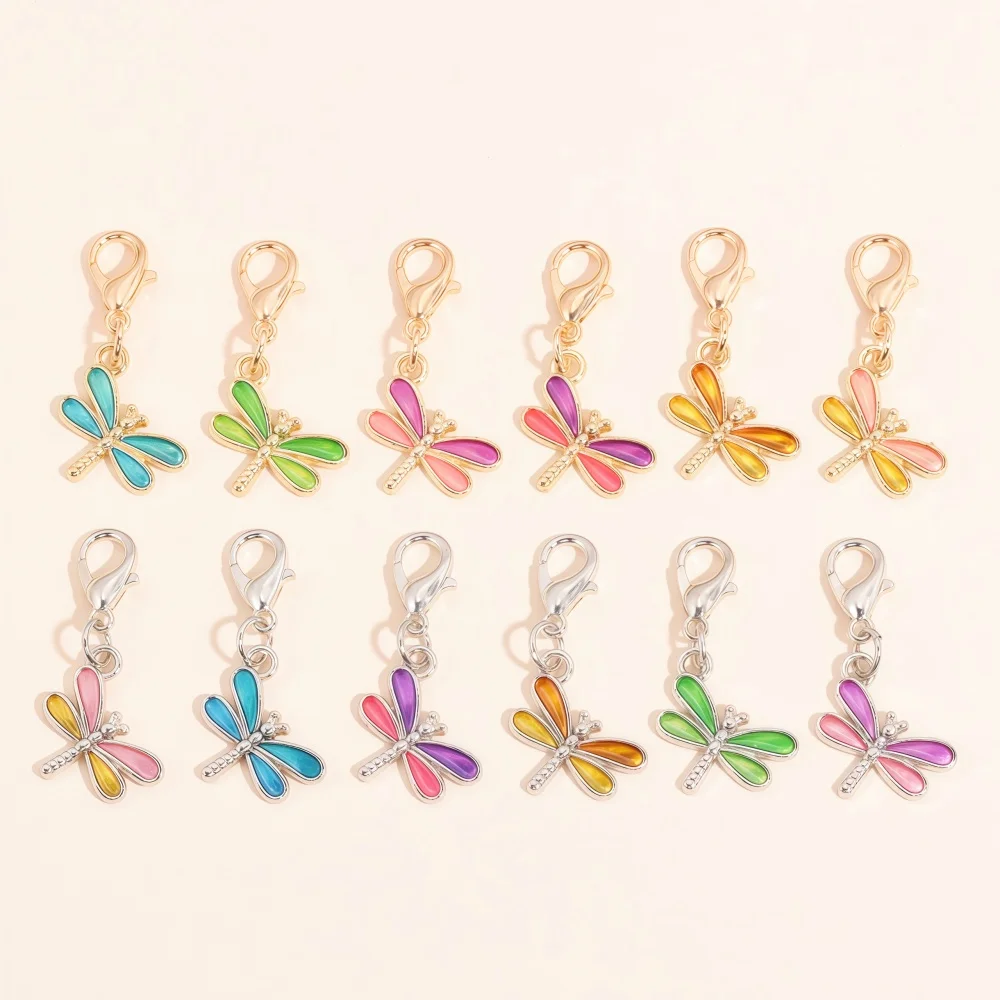 10Pcs Cute Dragonfly Charms with Lobster Clasps Pendants for Jewelry Making Enamel Dragonfly Charms Knitting Stitch Markers Sewi