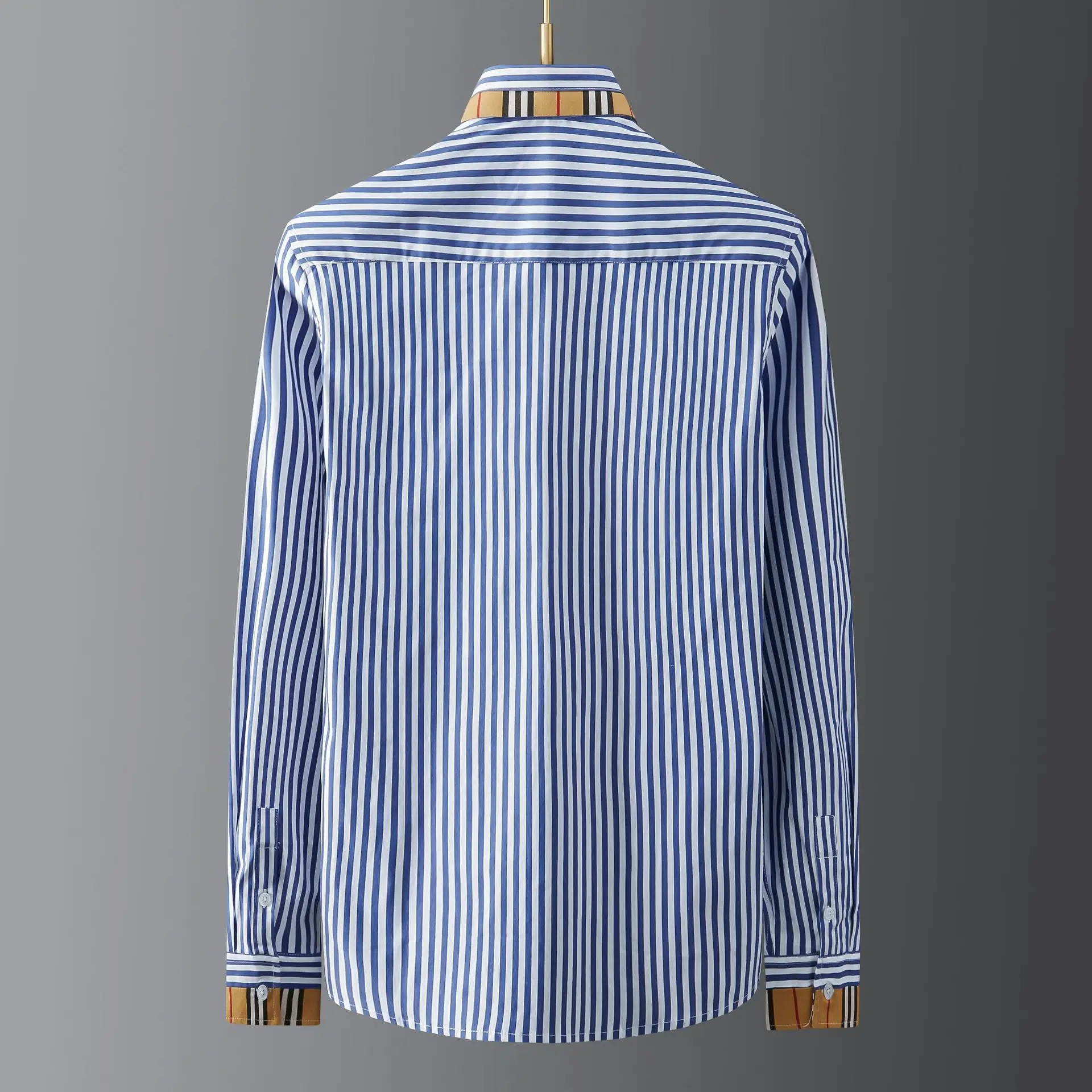 High end trend light luxury business blue and white striped patchwork collar men\'s long sleeved shirt