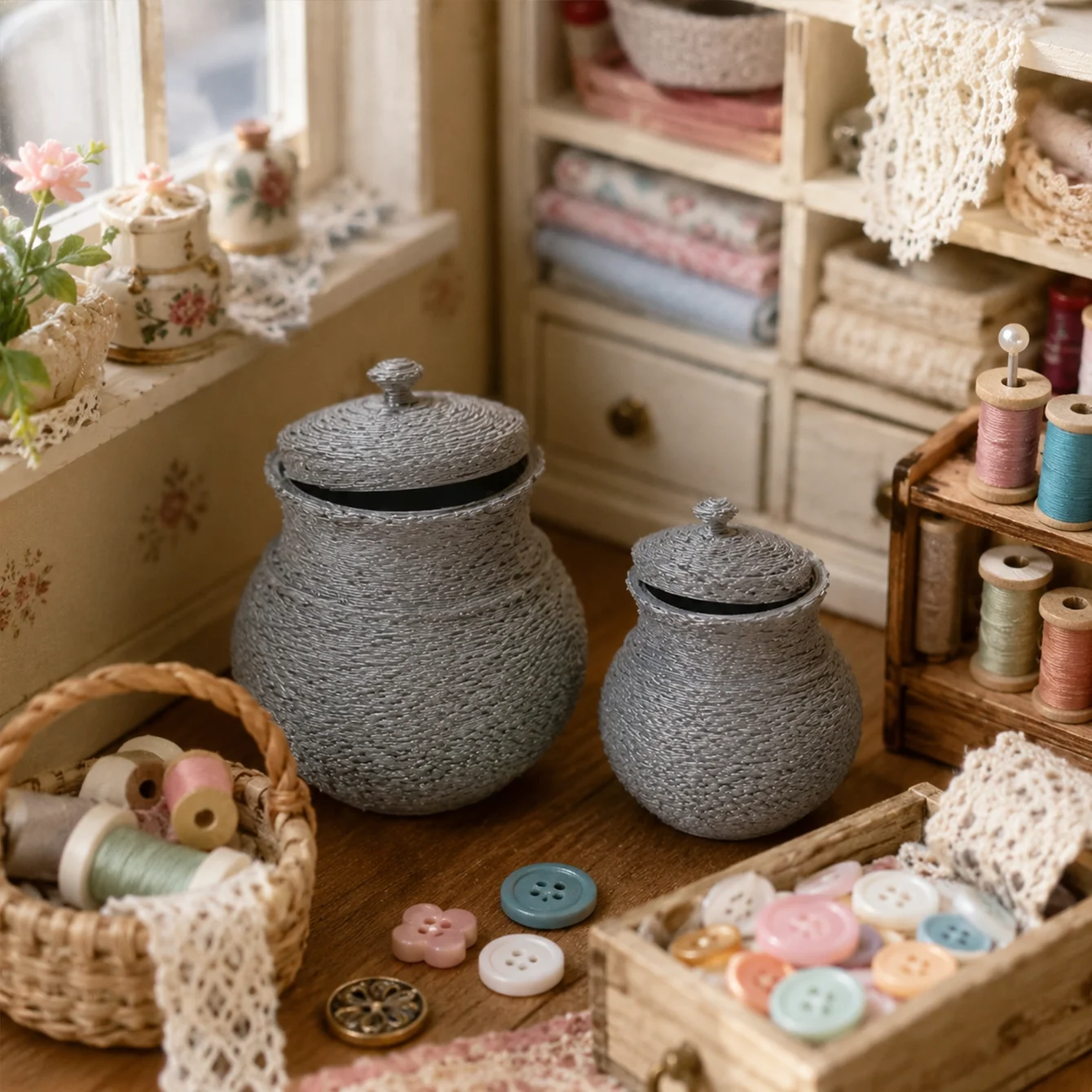 2 pcs/1 set Mini distressed storage cans with lids, ceramic jars, miniature accessories for the cottage courtyard kitchen.