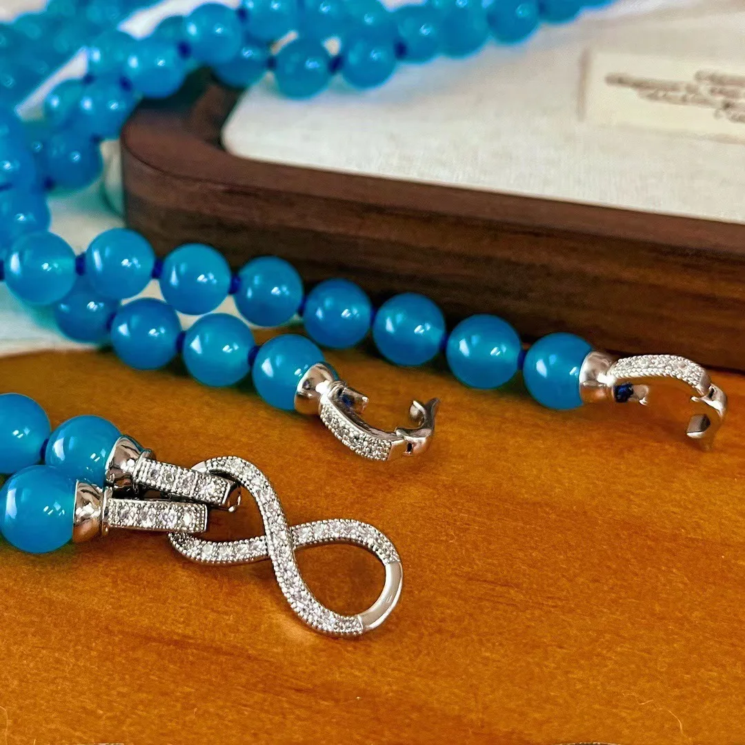 New retro 8mm natural blue chalcedony double-layer agate necklace, sweater chain, quality knots