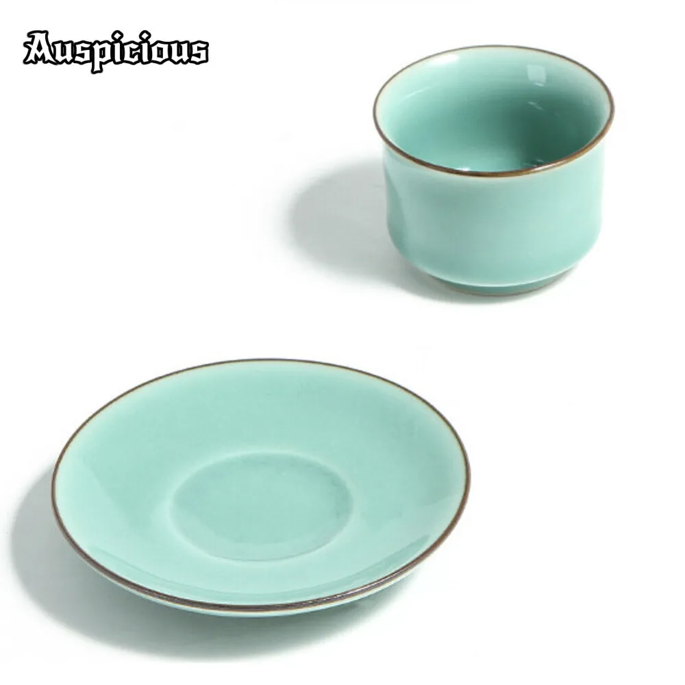 70ml Creative Longquan Celadon Teacup Handicraft Personal Cup Saucer Set Azure Tea Bowl with Saucer Kit Chazhan Kung Fu Teaset