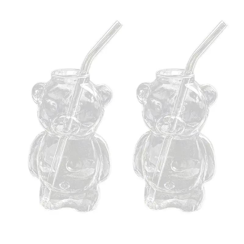 A33Z-2Pcs Bear Cup Online Celebrity Restaurant Coffee Cup Cute Cartoon Glass Water Cup With Straw Family Set