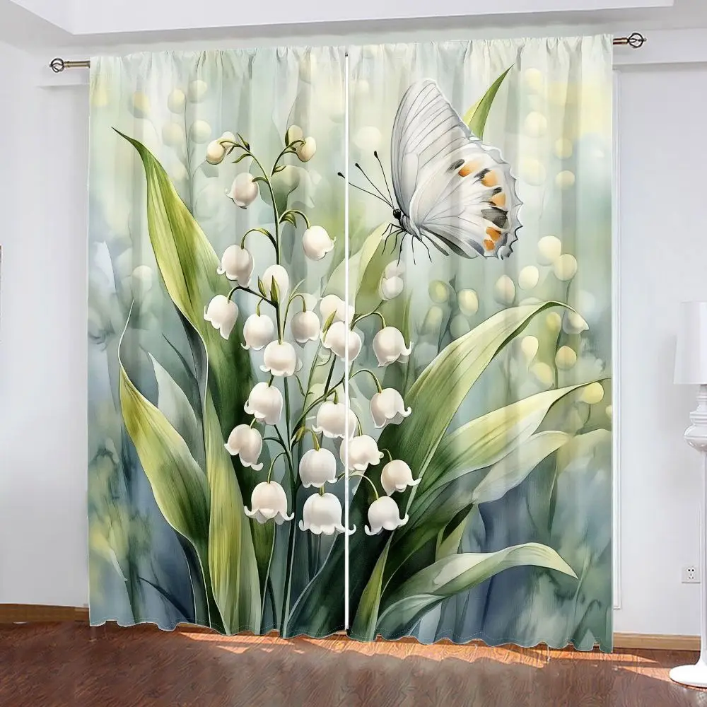 Large Butterfly Floral Botanical Watercolor Curtains Drapes for Living Room Window Decoration Cottage Style Spring Nature Print