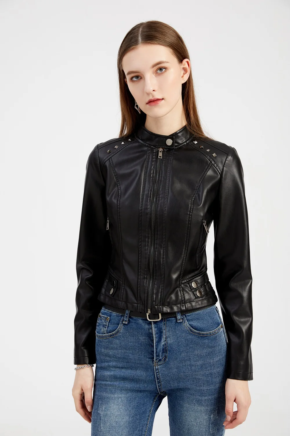 Women's Rivet PU zipper Leather Coat, Black Motorcycle Jacket, Standing Collar, Korean Punk Rock Fashion, Autumn and Winter