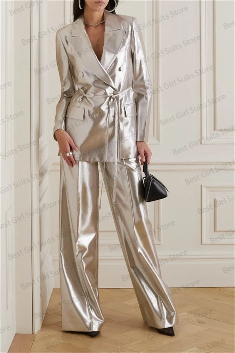 Satin Shiny Women Pants Suit Blazer+Trousers 2 Piece Set Formal Prom Dress Double Breasted Guest Party Jacket With Belt Tailored