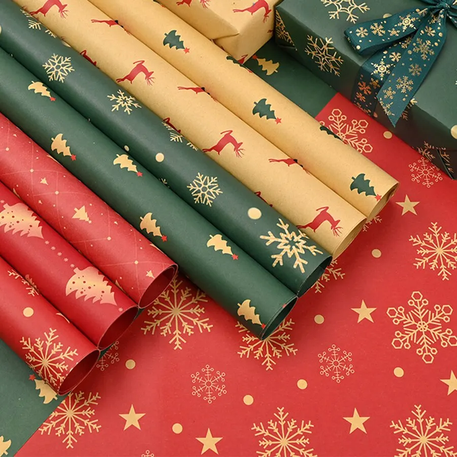 6pcs Mix Randomly Christmas Gift Wrapping Paper Party DIY Kraft Paper Christmas Tree Snowflake Gift Box Wrapping Paper