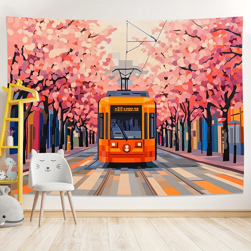 Cherry blossoms trams Digital printing polyester wall hanging tapestry decorative Living room bedrooms Office background gift