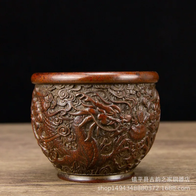 Pure Pattern Double Dragon Playing with Pearls Copper Cylinder Ornament Office Living Room Shop Desktop D