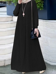 ZANZEA Women IsIamic Hijab Dresses Autumn Elegant Pleated Maxi Dress Casual Long Sleeve Loose Dubai Abaya Muslim Sundress Robe