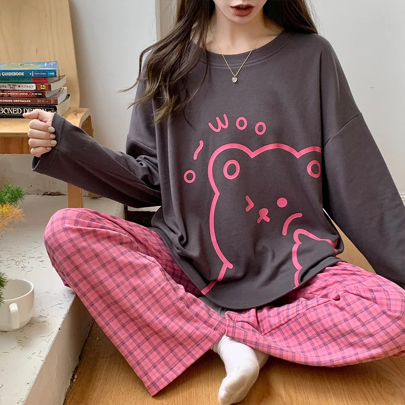 

Sleepwear Women Autumn Winter Pajama Sets Cotton Pajamas Long Sleeve Trouser Kawaii Clothes Korean Loungewear Nightwear New