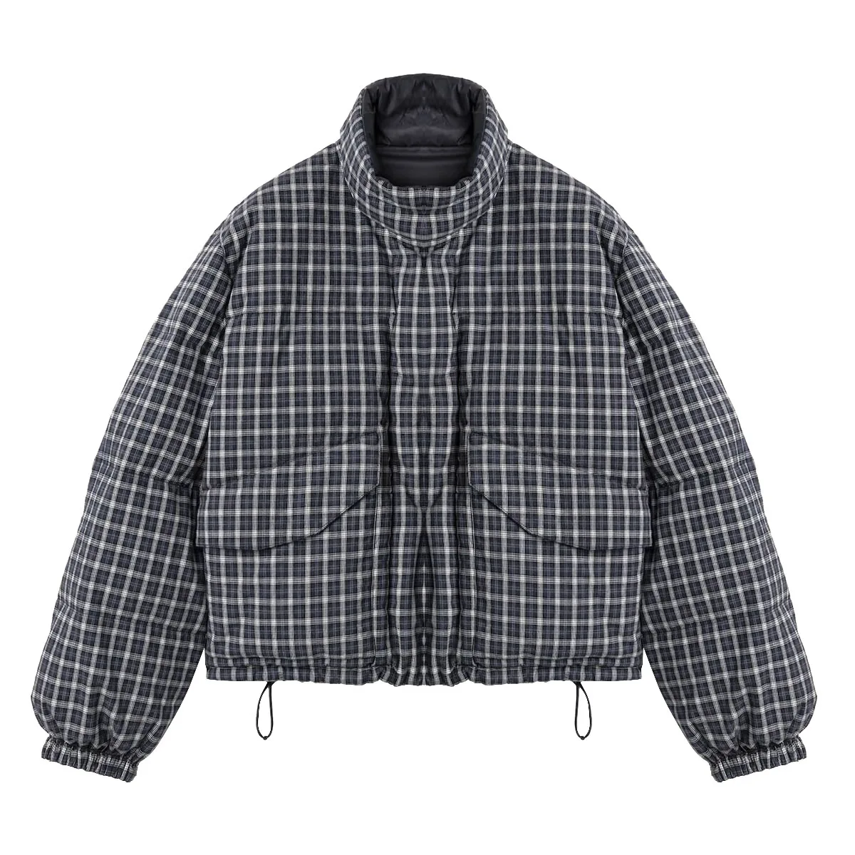 Blue and white checkered printed women's stand up collar down jacket #S4166