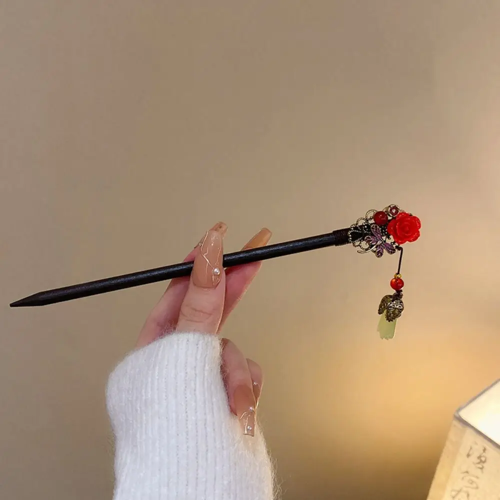 Vintage Retro Red Hair Stick Ancient Style Fashion Red Rose Fringe Hairpin Handmade Multi-purpose Chinese Hairpin Headwear Girls