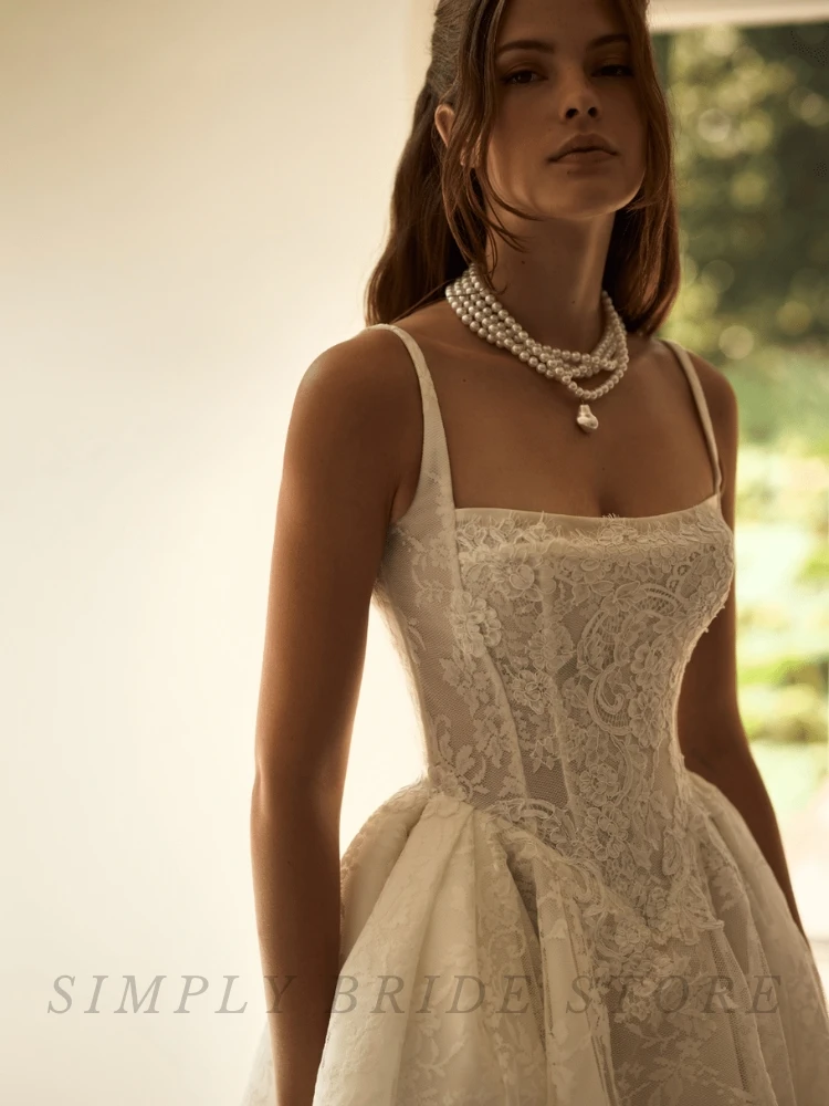 2026 A-Line Princess Lace Wedding Dress With Jacket Strap Straps or Straight Collar Vintage Square Collar Bride Gown Customized