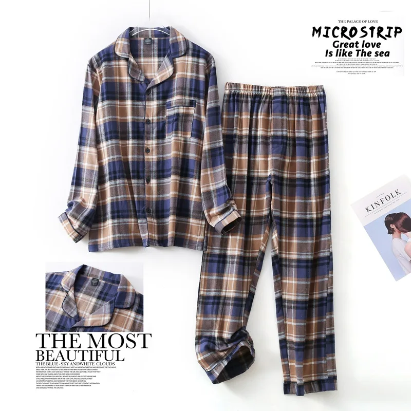 Spring Autumn Men Casual Plaid Pajama Sets Male 100% Cotton Sleepwear Suit Long Sleeve Turn-down Collar Pajama Shirt Pants