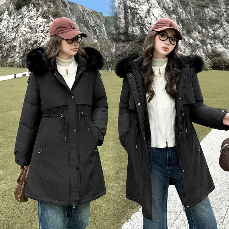 Parka da donna aderente in vita Autunno Inverno Moda Collo in pelliccia Giacca ispessita foderata in pile Tasche larghe con cerniera Capispalla in cotone