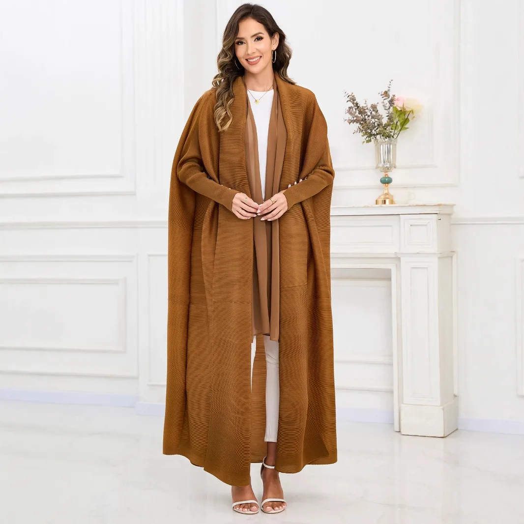 2025 novo casaco trench plissado com mangas morcego, tamanho grande, estilo étnico, cor sólida abaya, robe feminino elegante