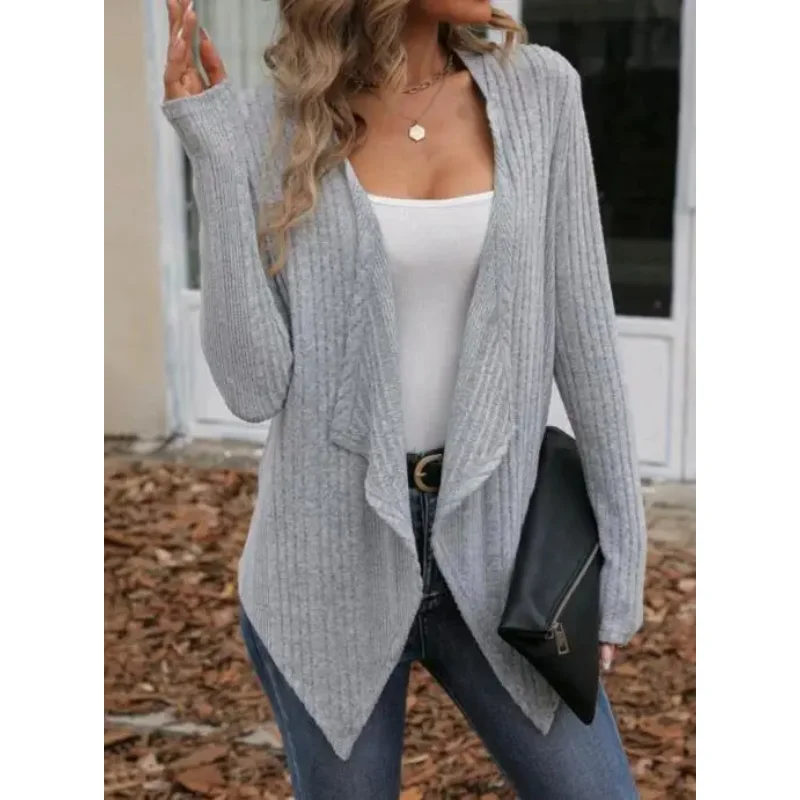 2025 Autumn And Winter Women's Bestseller Solid Color Ribbed Knit Cardigan Fashion Open Front Long Sleeve Women's Casual Wear