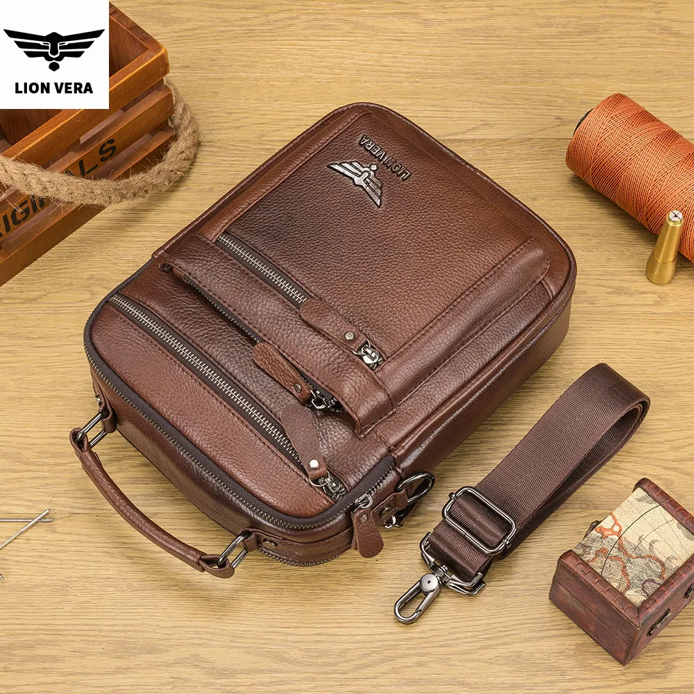 LION VERA Men's Shoulder Bag Casual Mobile Phone Zipper Bag Large Capacity Business Genuine Leather Travel Crossbody Bag view 3