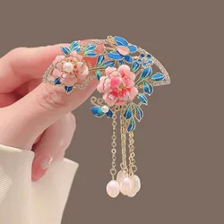 Chinese Style Pink Peony Flower Brooch For Women Elegant Fan Zircon Leaf Long Tassel Enamel Pins Corsage Party Corsage Jewelry