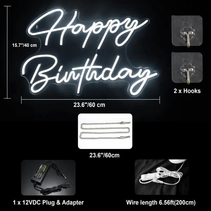 HancraStore Happy Birthday Neon Sign - Large Happy Birthday Light Up Sign Wall with 6V Power Adapter (23.6 x15.7 inches,White)