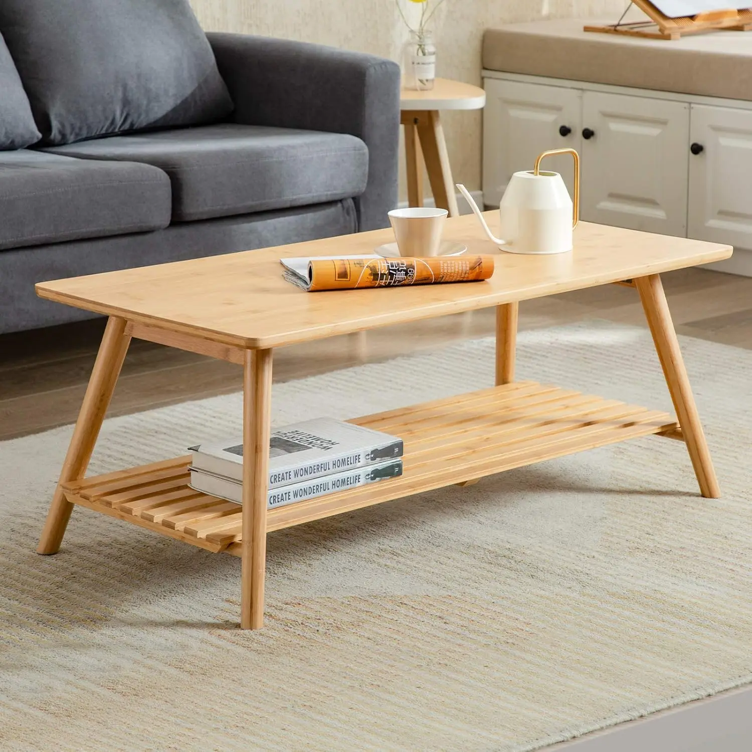 Table basse en bambou pliable avec étagère de rangement ouverte, bureau du milieu du siècle, support TV, table centrale pour meubles de salon