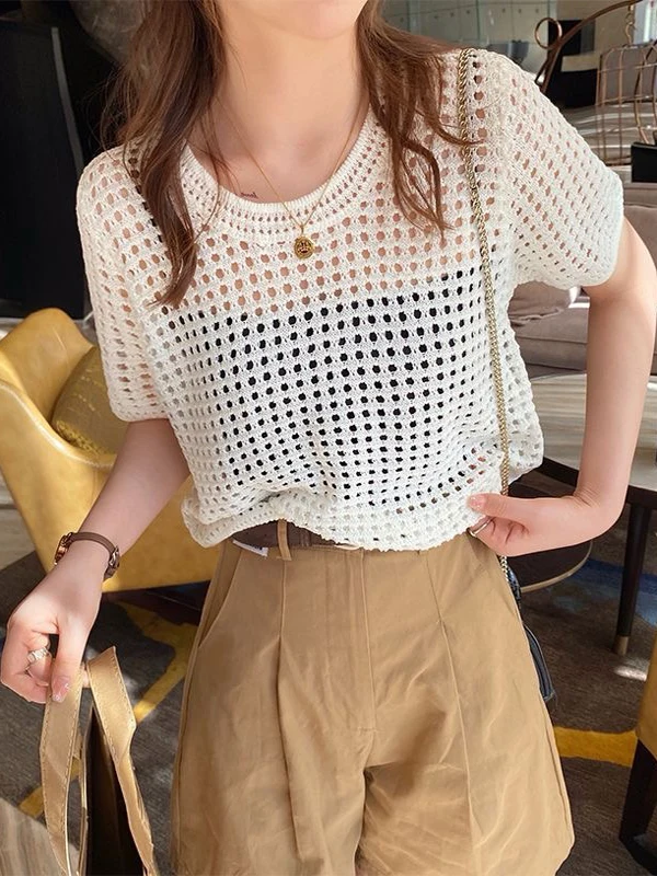 

Loose Knitted Summer Ice Silk Sun Protection Shirt Hollow out Versatile Lightweight Short Sleeve Women's Casual Style Top