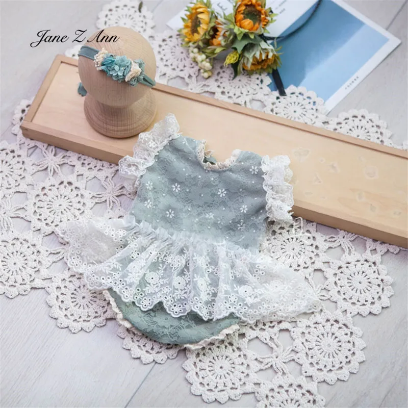 Newborn Photography dress floral headband Set New Retro Gray-Green Lace full month 100  days Baby girl Photo Studio Props