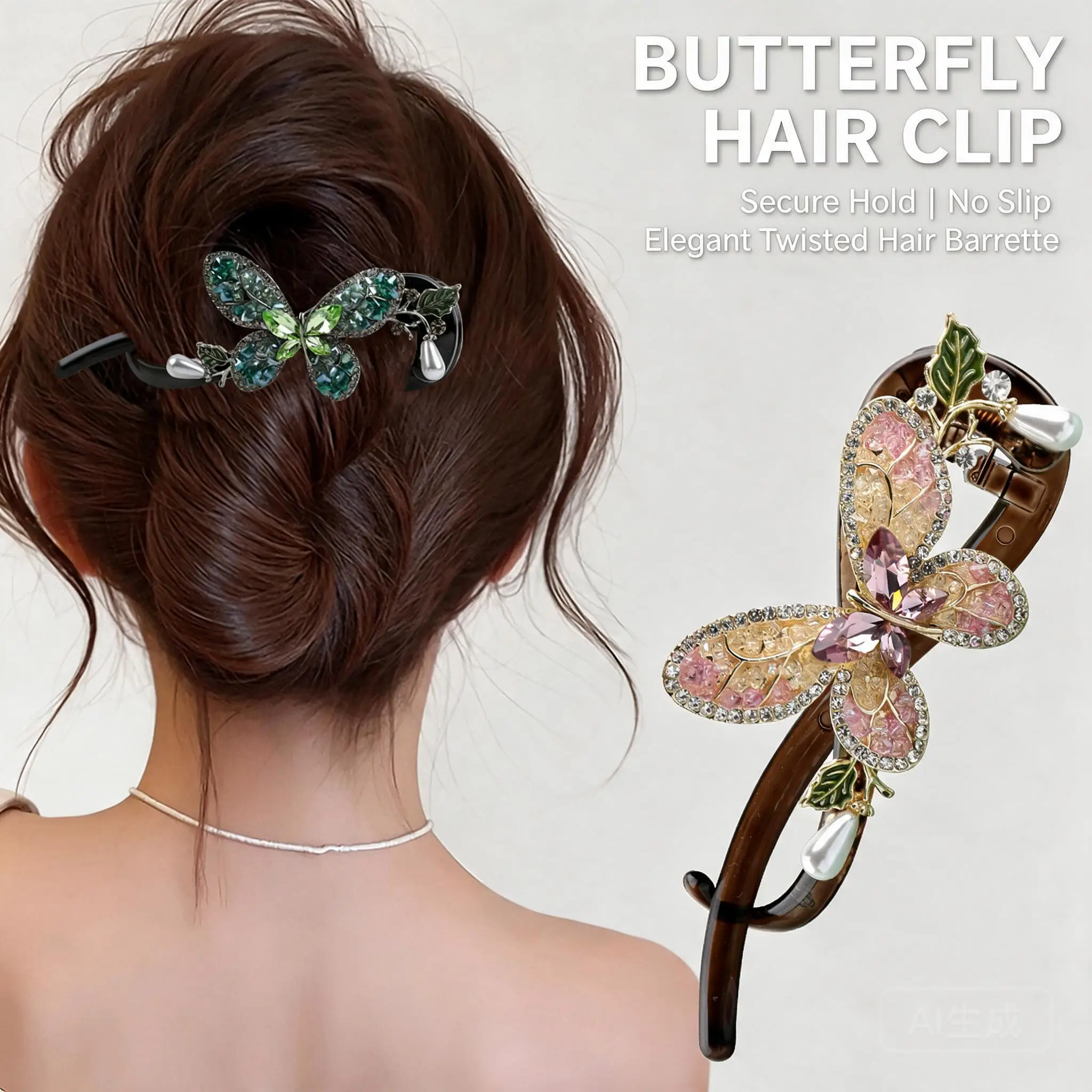 Women Rhinestone Butterfly Pearl Twist Hair Clips Firm Hold Comfy No Headache For Thick Hair Elegant Back Head Updo Accessories