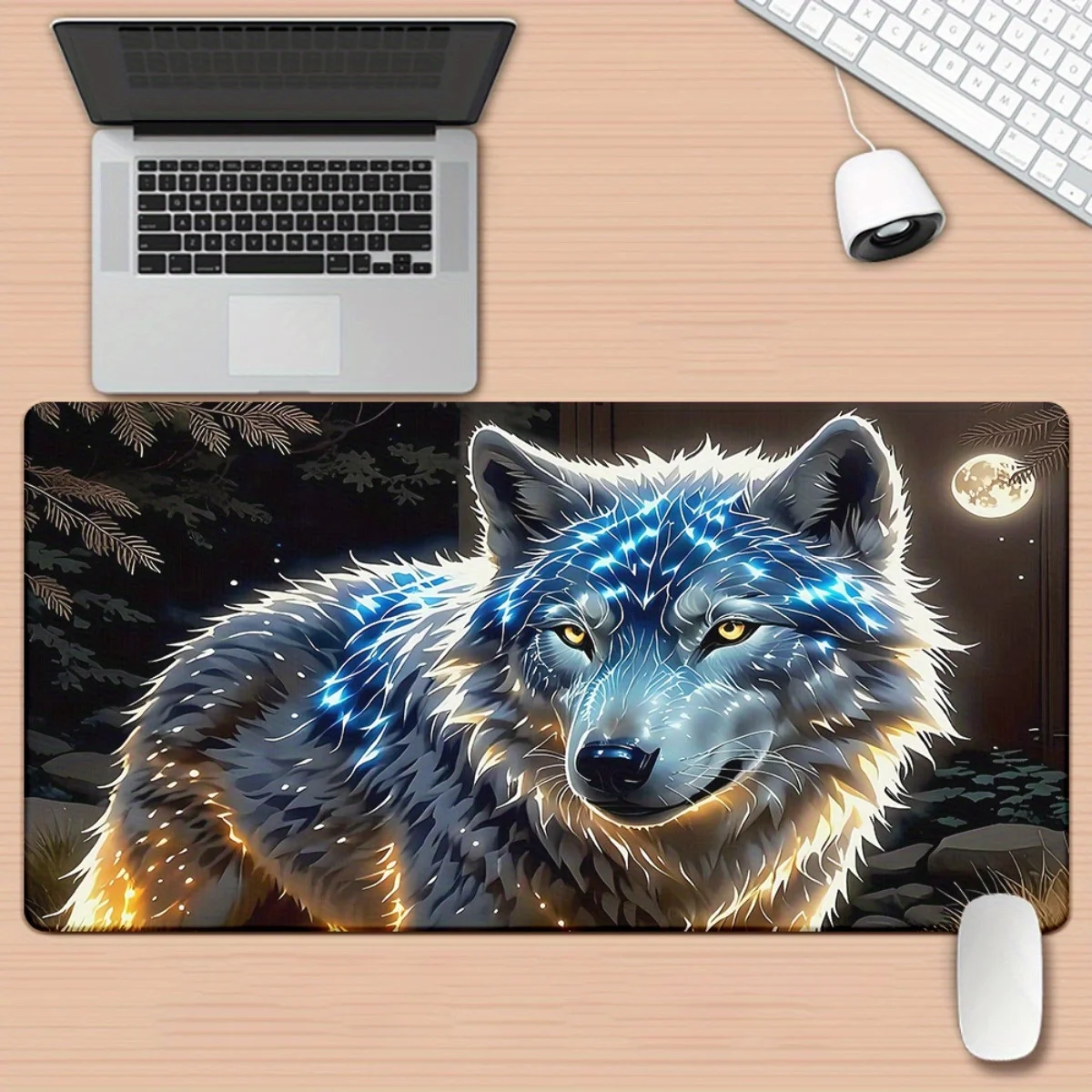 Illuminated Wolf in Forest Large Gaming Mouse Pad Non-Slip Rubber Desk Mat for PC Laptop