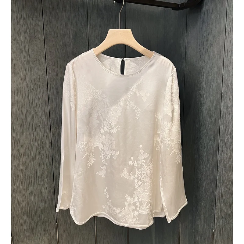 

Дышащий осенний топ из смеси шелка, винтажный облегающий атласный топ высокого класса с цветочной вышивкой, женский длинный топ све прямого кроя