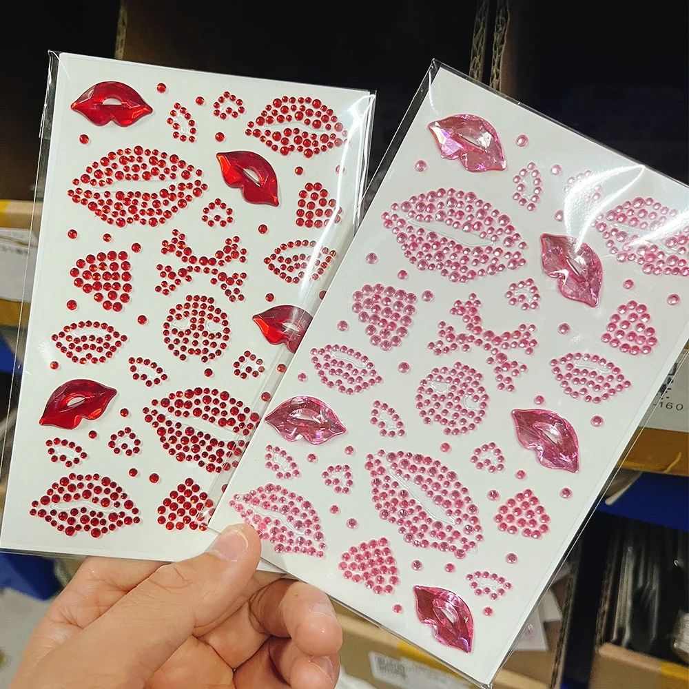 

2 шт., красный, розовый поцелуй, губы, лица, стразы, наклейка на день Святого Валентина, сделай сам, глаза, лицо, тело, алмазная татуировка, вечерние, сценический макияж, украшение