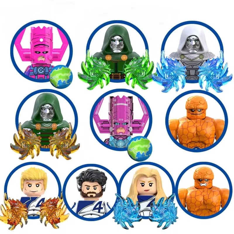 Hot Toys TV6123 Mini Bloques de Construcción, Figuras de Galactus, Doctor Doom, La Cosa, Antorcha Humana, Mujer Invisible, Mr. Fantástico, Modelo para Niños