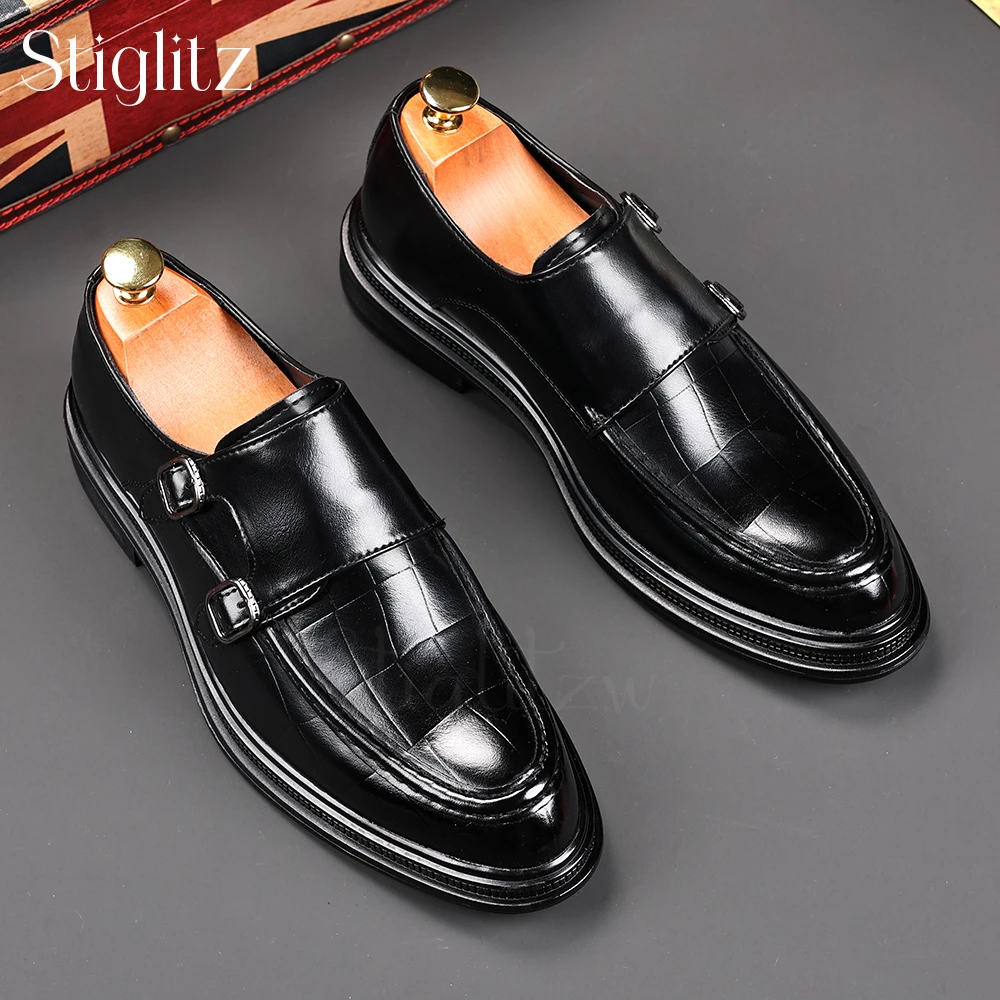 

Classic Black Leather Monk Shoes Double Metal Buckle Decoration Loafers Comfortable Breathable Leather Business Formal Men Shoes