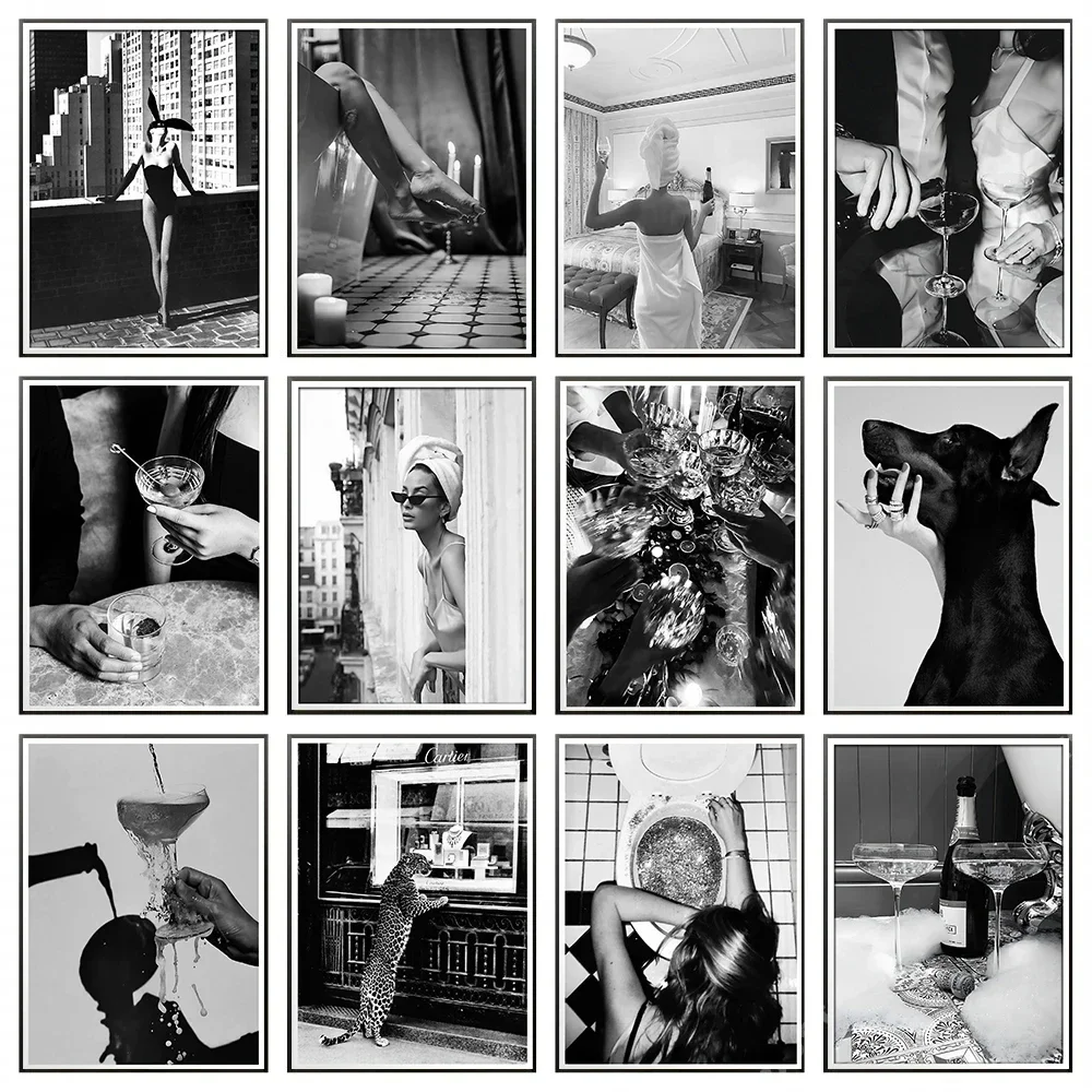 Disco Party Champagne Goblet Bathroom Wall Art Black And White Poster Canvas Paintings Wall Art Pictures Home
