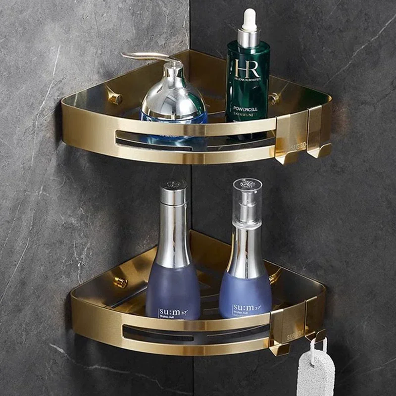 Brushed Gold Bathroom Shelf Chrome Bathroom Organizer Holder Chrome Bathroom Corner Shelf Wall Mounted Kitchen Storage Holder