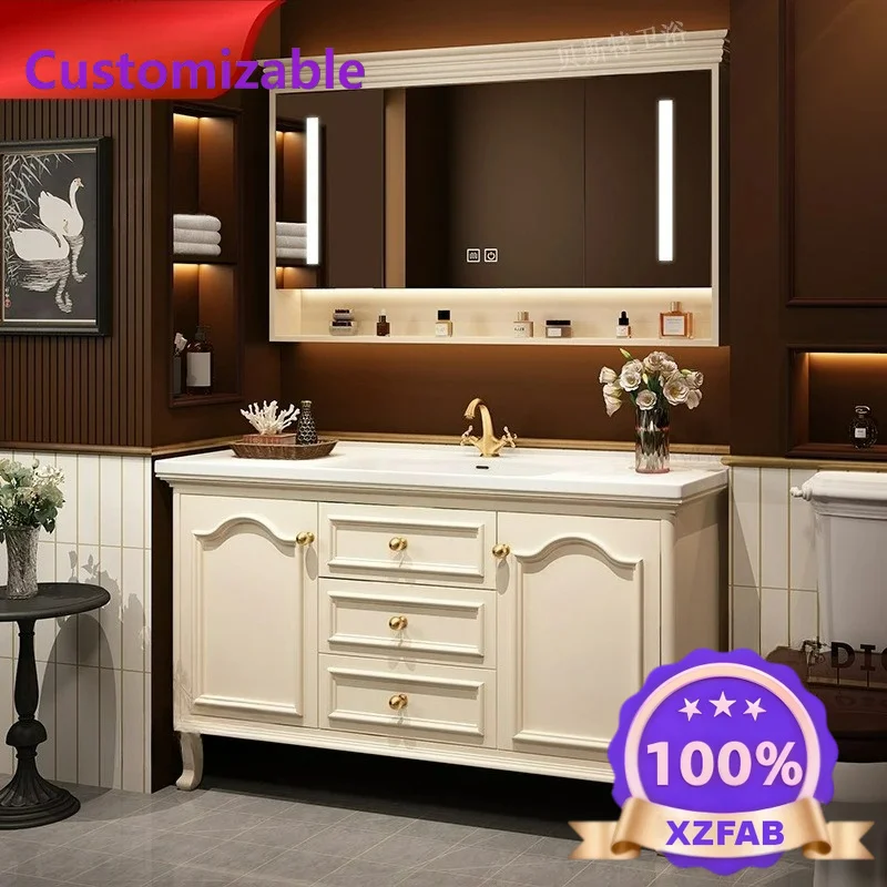 Factory Direct 2026 American oak solid wood bathroom cabinet combination bathroom floor-to-ceiling ceramic integrated basin wash