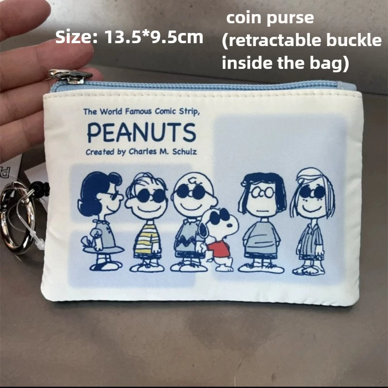 Portamonete Snoopy Charlie Brown Cartoon Porta carte in PU Borsa portaoggetti per chiavi per auto con gancio Custodia organizer per caricabatterie per auricolari trasparente in PVC