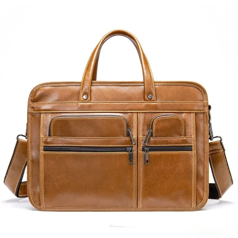 Men's Large Capacity Leather Briefcase Padded Laptop Compartment Business Travel Executive Document Organizer