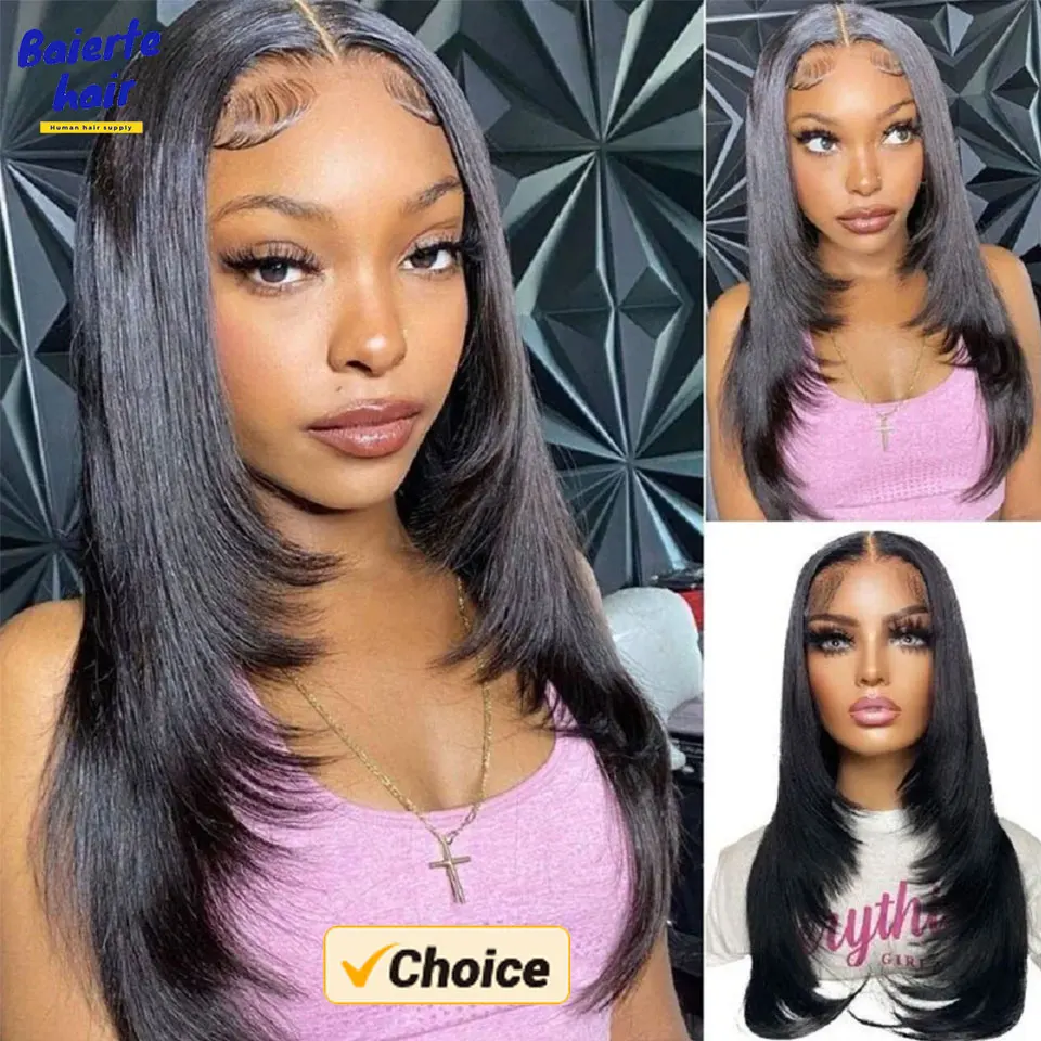 Brazilian Remy Layered Wig Human Hair 16-24 Inches Lace Layered Cut Straight Wig  For Women 4x4 13x4 Lace Front Human Hair Wig