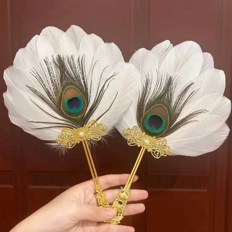 Éventail en plumes de style ancien, éventail rond pour photographie Hanfu, éventail à main de style chinois, éventail de danse pour performance scénique, accessoire de photographie