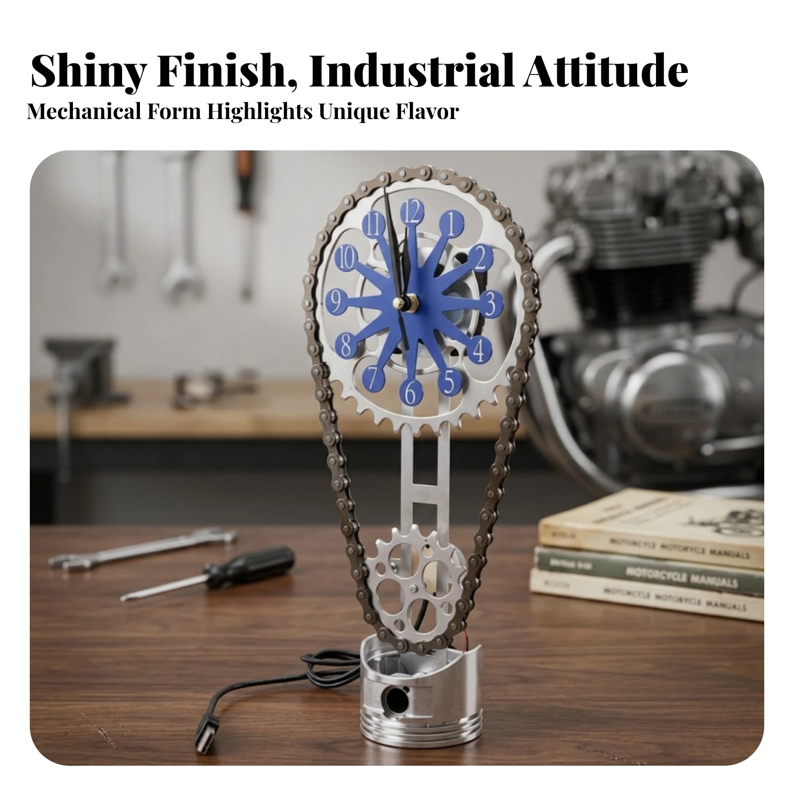 Steampunk Gear Clock Blue Face Steampunk Clock Clear Base Silver-Toned