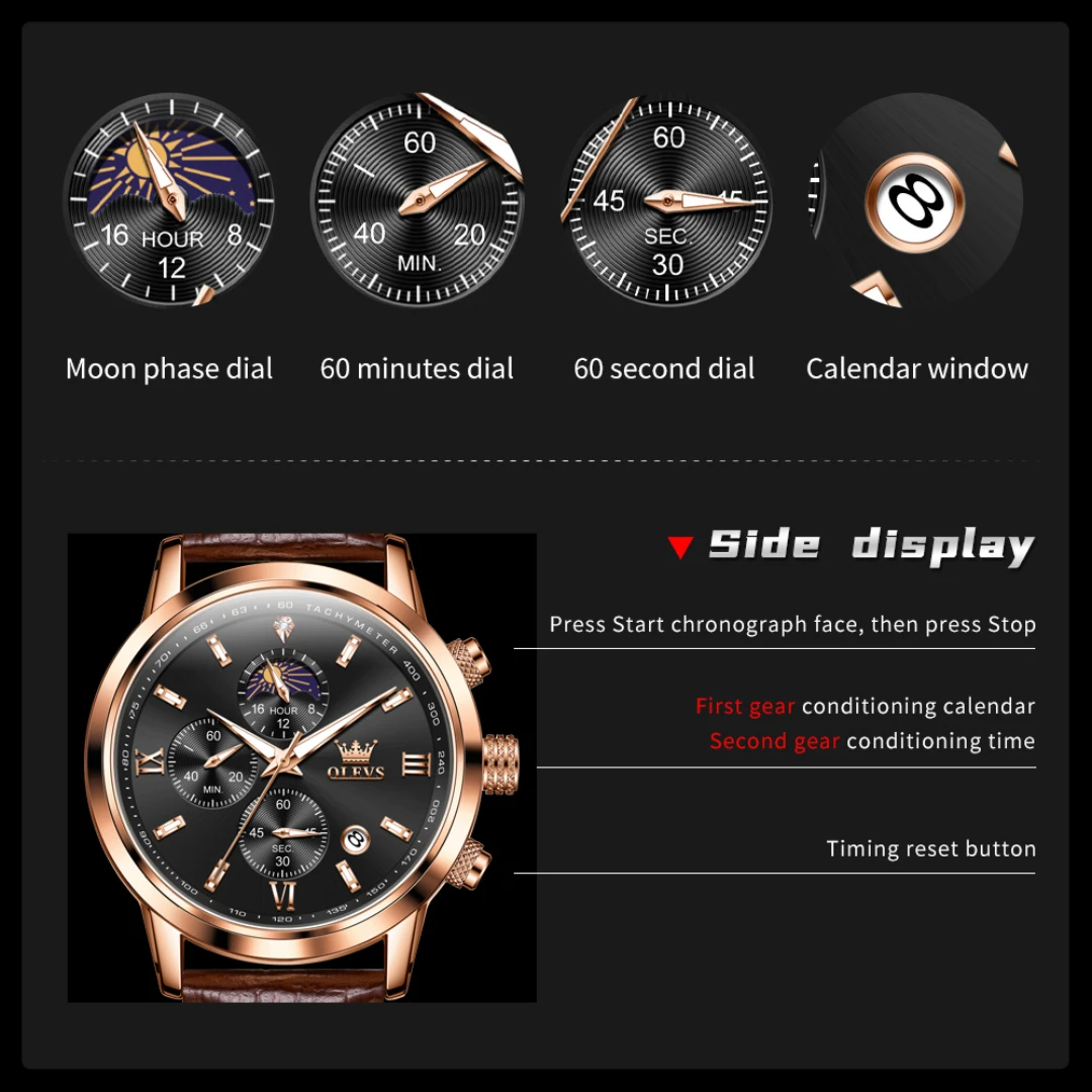 OLEVS 9812 quartz modehorloge cadeau lederen horlogeband met ronde wijzerplaat polshorloge maanfase kalender lichtgevende timer
