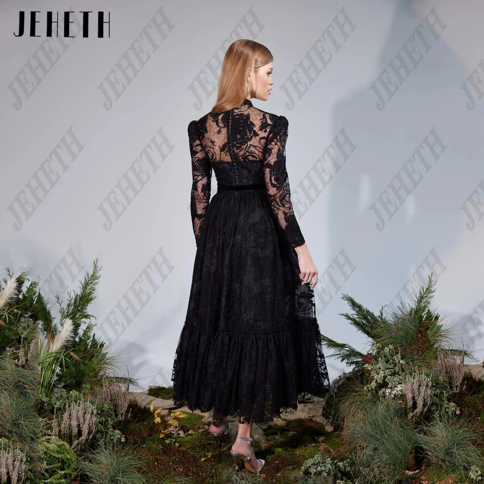 JEHETH A-line Lace Midi Prom Dress 2025 Long Sleeves Special Occasion Gowns Embroidery Tea-length Evening Dress Customized image 4