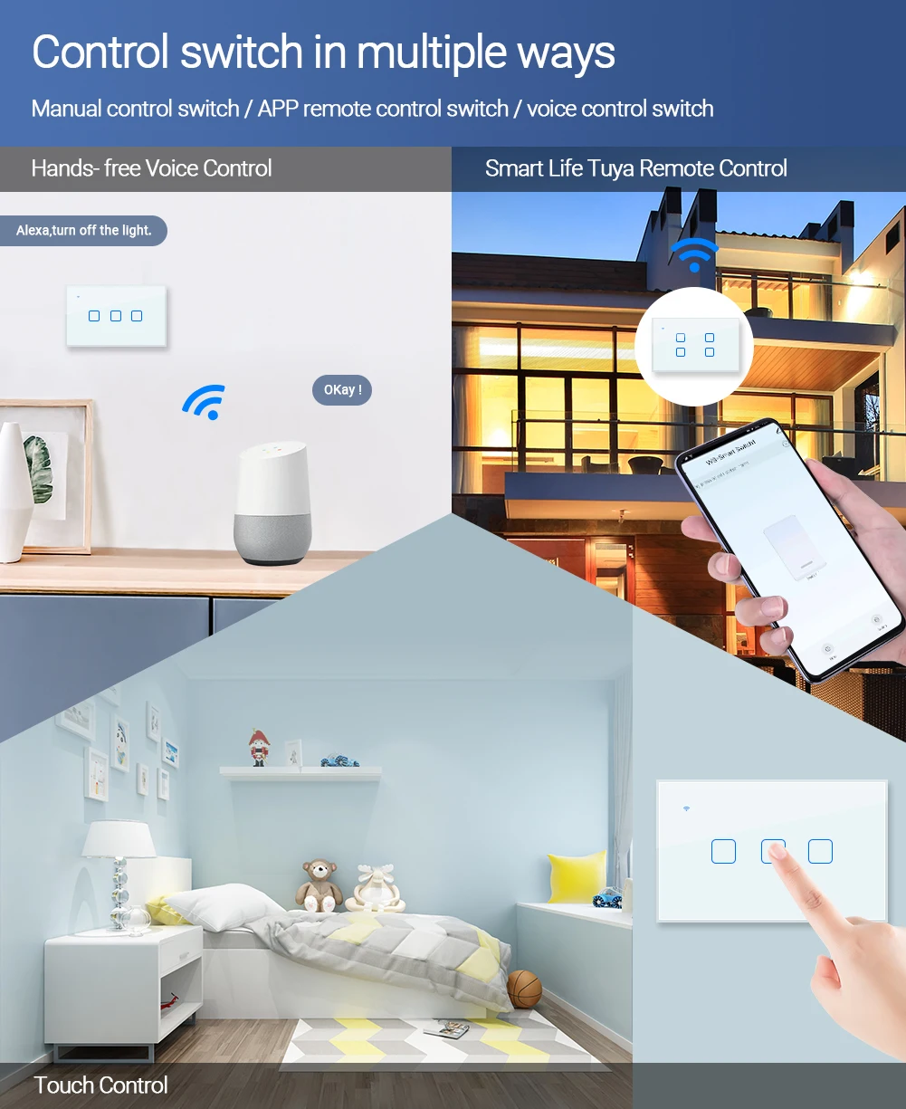 Tuya Wifi Smart Life Glass Panel US Standard Touch Switch Single Fire Line Voice Control Light Wireless 2/3 Way Work Wih Alexa