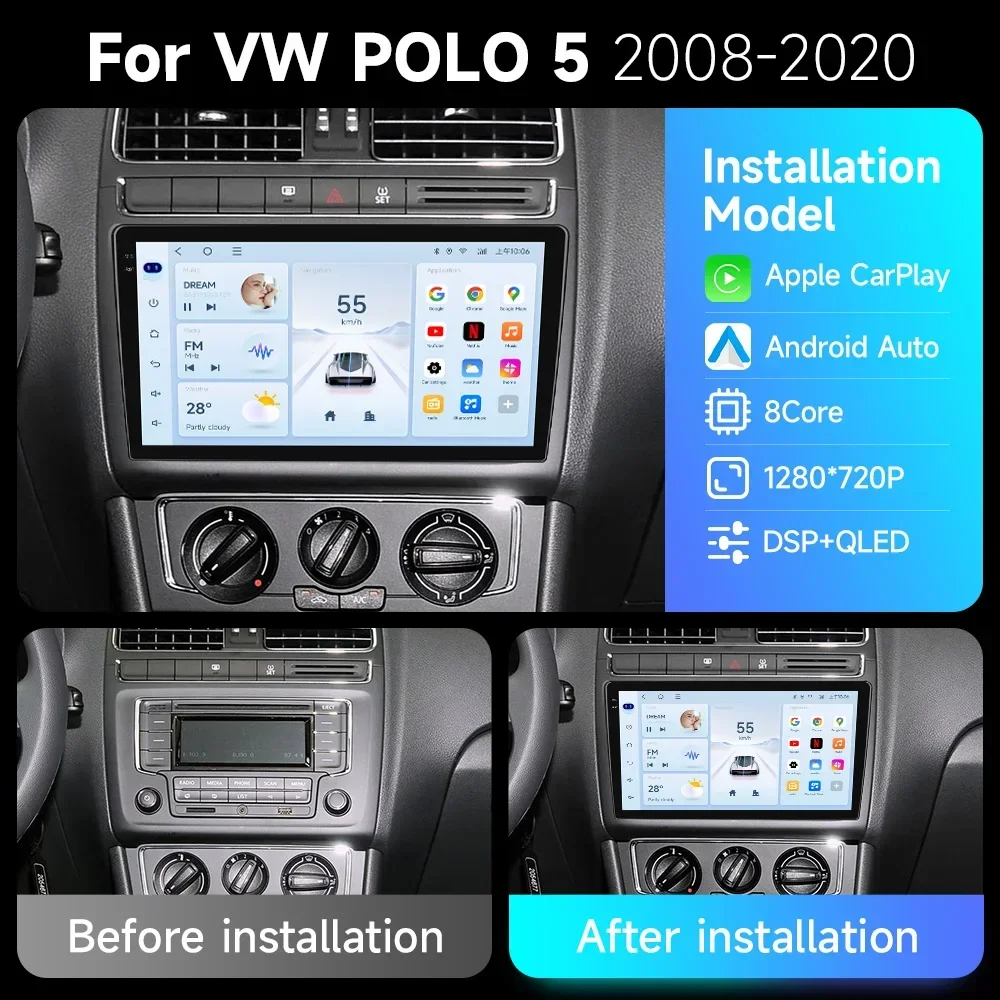 JIUYIN 2 Din Car Multimedia Player Android 15 GPS WiFi Carplay for Volkswagen VW Polo5 2008-2020 with GPS Navigation