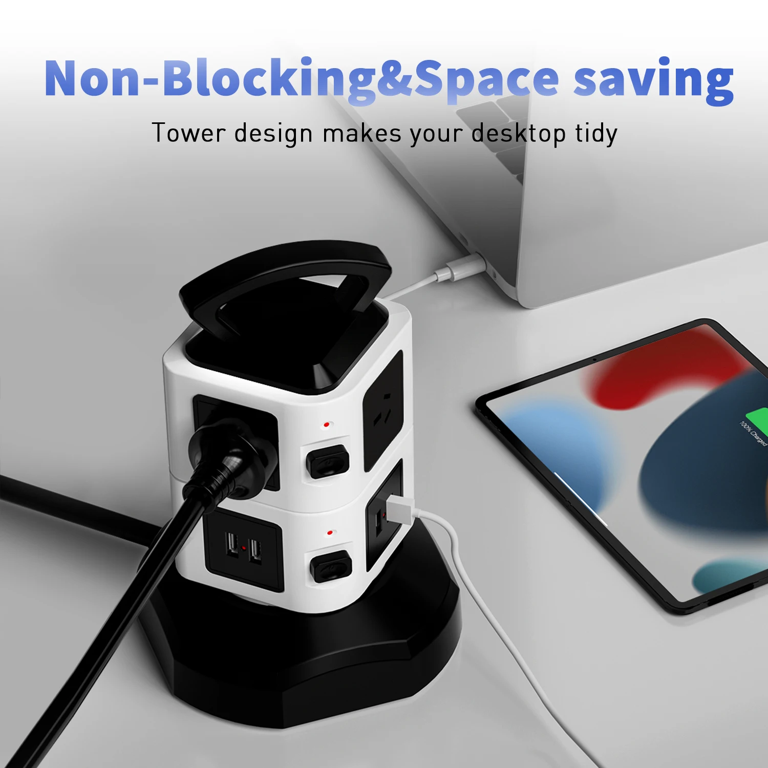 2 Meter 6-Way AU Standard Surge Protector Tower with Retractable Cable, 4 USB Ports, Double-Layer Structure