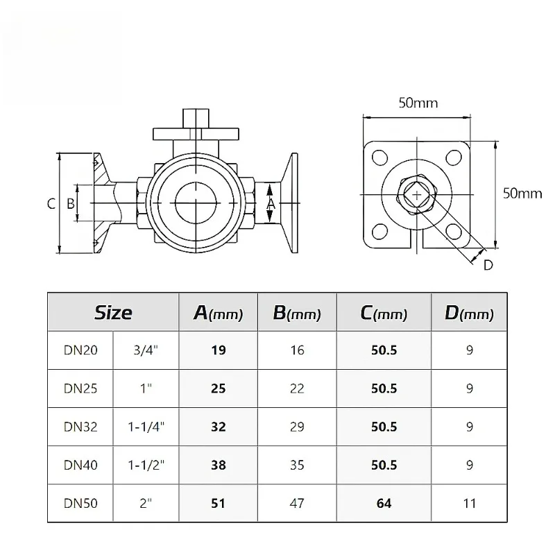 304/316L Sanitary 3‑Way Ball Valve, High Platform Tri‑Clamp T/L Port for Beverage Pharmaceutical Processing Equipment