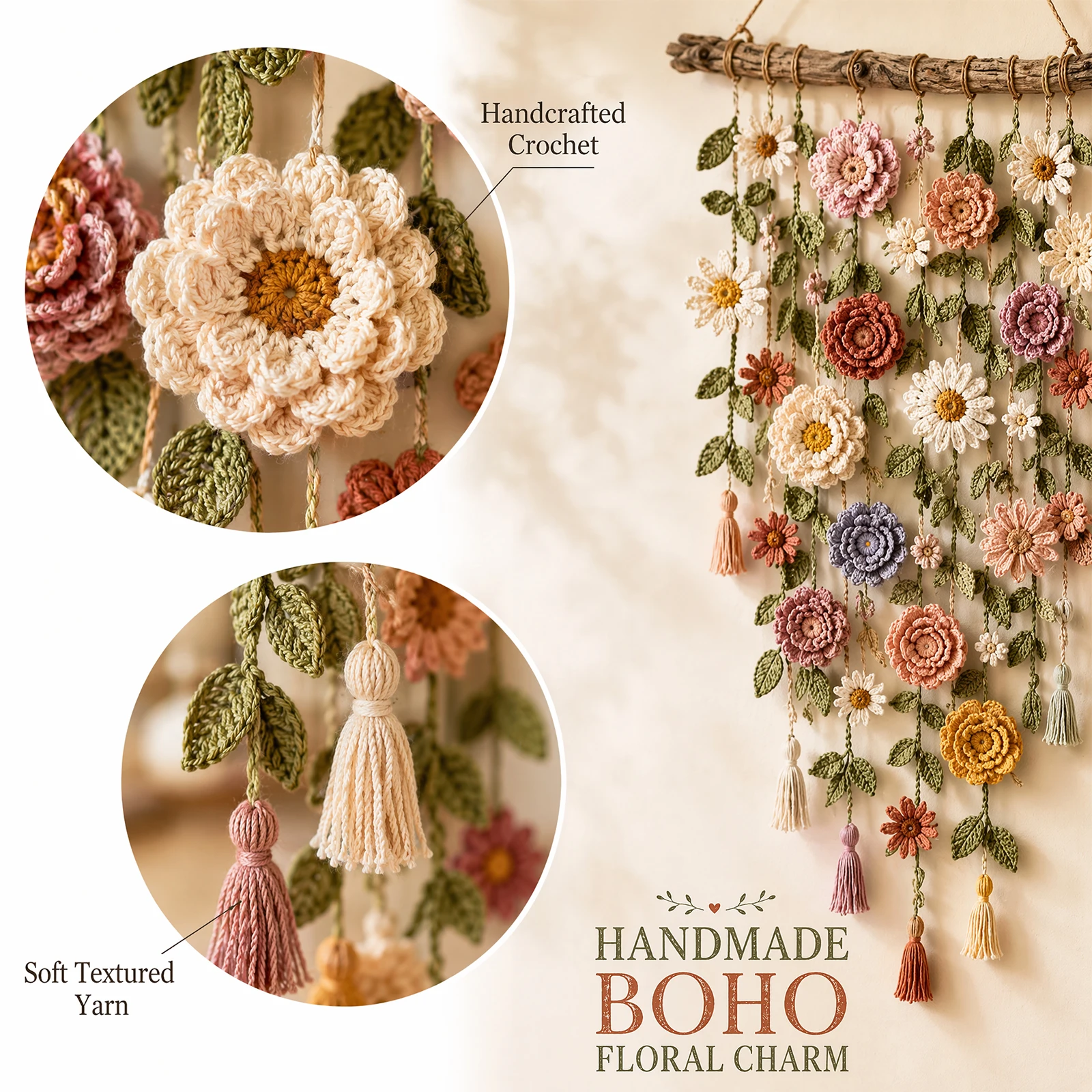 งานถักโครเชต์ลายดอกไม้ทำมือจาก - Macrame Wall Hanging บทวิจารณ์และราคา