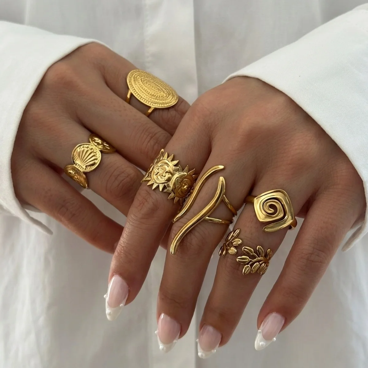 Vintage Edelstahl-Ringe mit Sonnenblumen- und Blattmuster für Damen und Herren, Punk-Mode, geometrischer Spiral-Oval-Fingerring, Schmuck – Detail 13